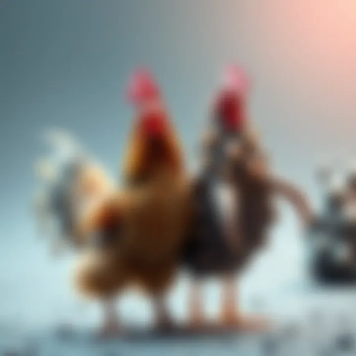 A fierce chicken stands confidently next to a calm sea cucumber, highlighting the contrast between their characteristics.