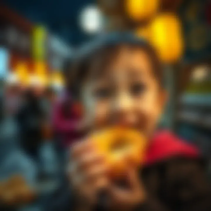 A young child in Japan excitedly bites into a colorful apple fritter, with a look of wonder on their face