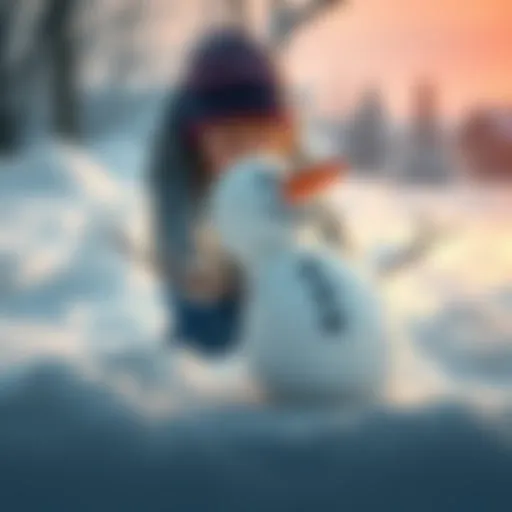 A child rolling snow to make a snowman with a carrot nose and stick arms