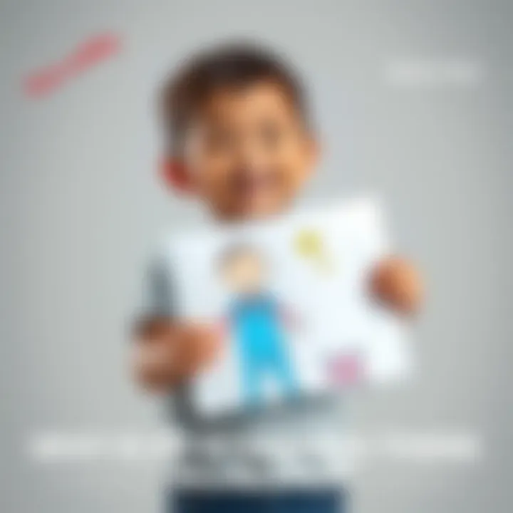 Child proudly showing a drawing A kid stands with a big smile, holding up a colorful drawing, looking excited