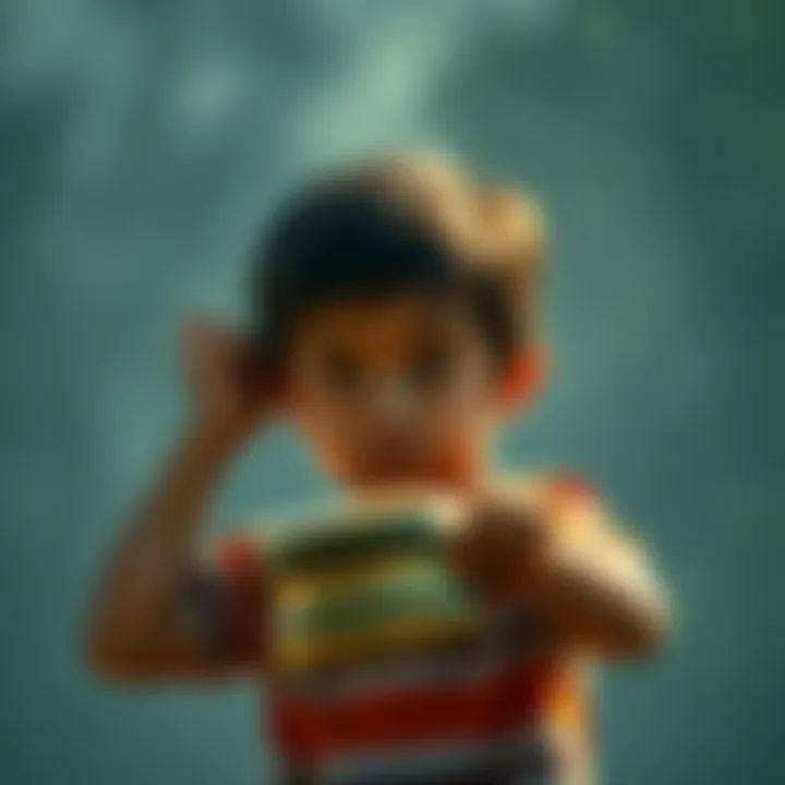 A young child lifting a heavy object with determination