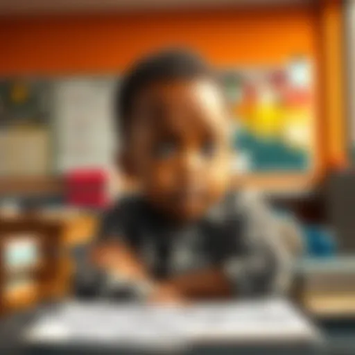 A young child sitting with a thoughtful expression, pondering their future aspirations in a classroom setting, surrounded by educational materials on history and ethics.