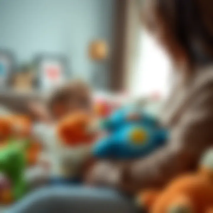 A child holding plush toys looks at their mother, who appears hesitant. Both share a tender moment in a cozy living room filled with colorful stuffed animals.