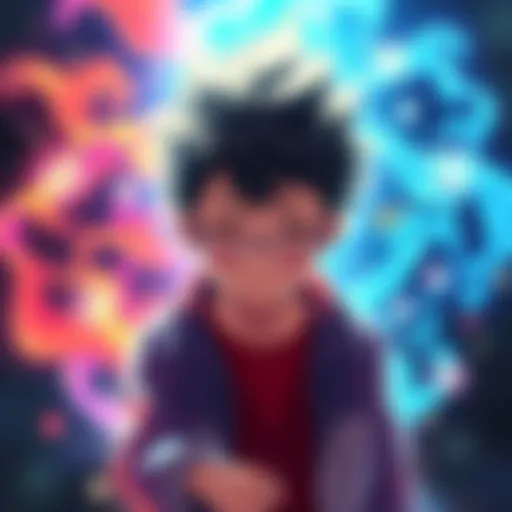 A child showcasing a blend of Hizashi Yamada and Shota Aizawa's quirks, surrounded by vibrant sound waves and a calming aura, representing their unique powers.
