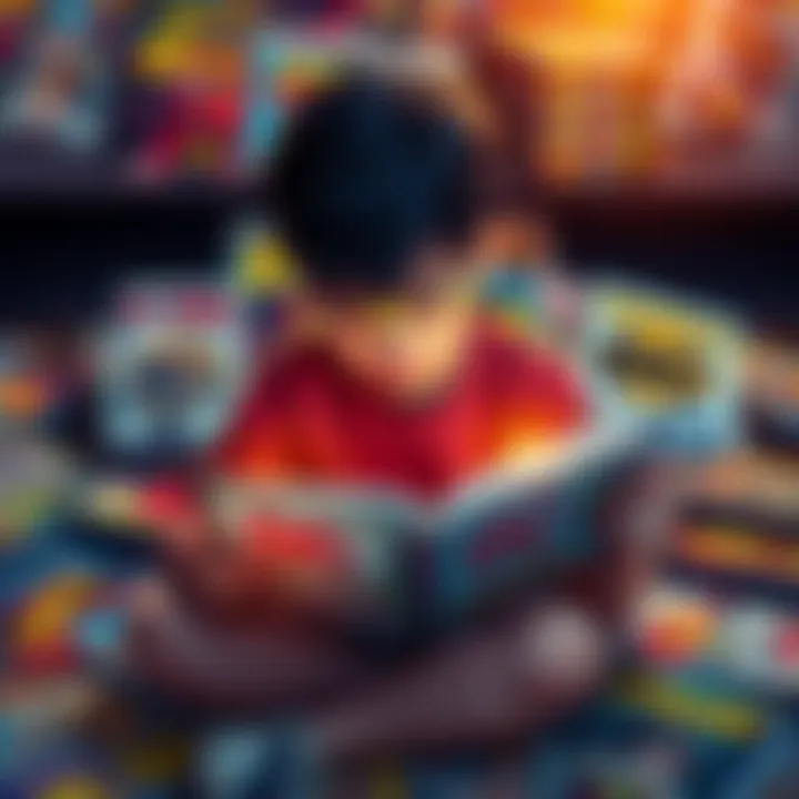 A child sits on the floor surrounded by DC Comics, deeply engaged in reading a comic book with colorful illustrations