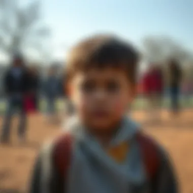 A child in a playground looking distressed and isolated, with a group of peers in the background avoiding him, showing a shift from curiosity to avoidance.