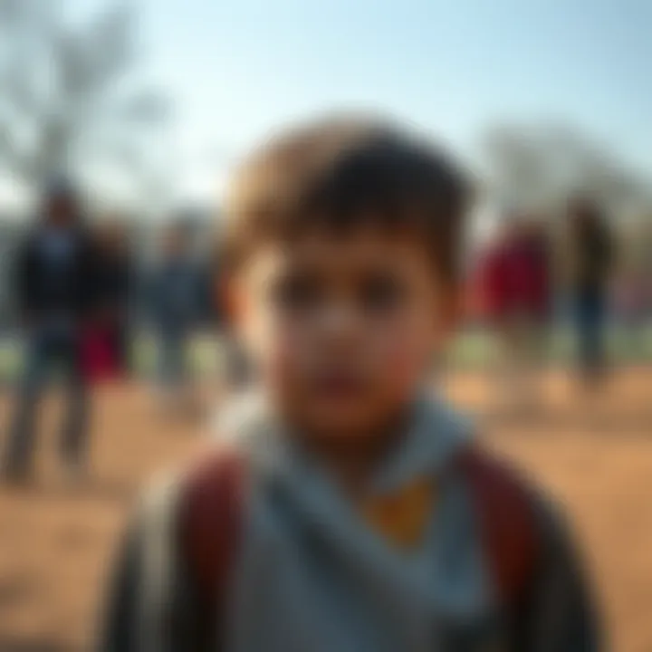 Child's Transformation A child in a playground looking distressed and isolated, with a group of peers in the background avoiding him, showing a shift from curiosity to avoidance.