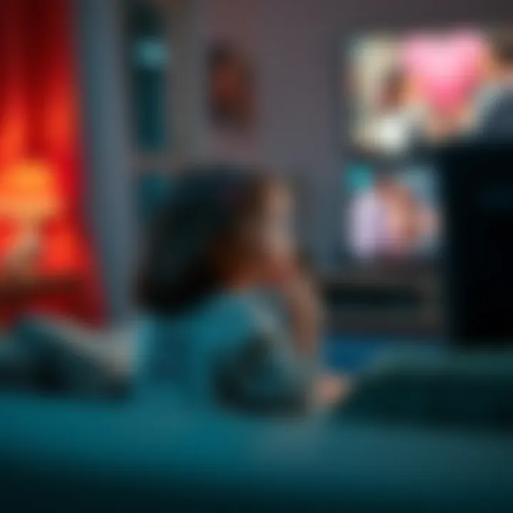 A young girl sitting on a couch, intently watching a romantic drama on TV with a thoughtful expression