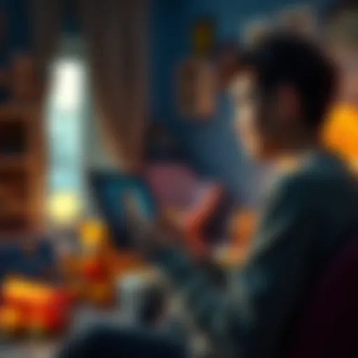 An adult looking thoughtfully at a childhood photo while sitting in a cozy room, surrounded by toys and nostalgia.