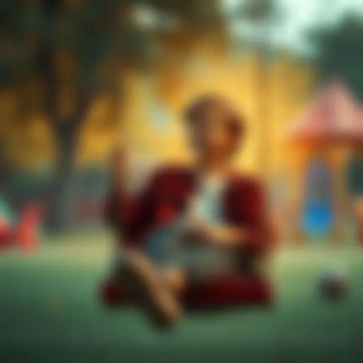 A young person daydreams about their childhood crush, sitting on a swing with a heartfelt expression, surrounded by a vibrant playground.