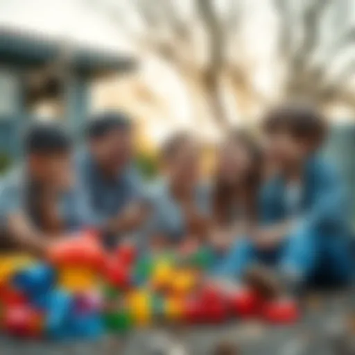 A group of friends joyfully playing outside, surrounded by colorful toys and laughter, reflecting on happy times from their childhood.