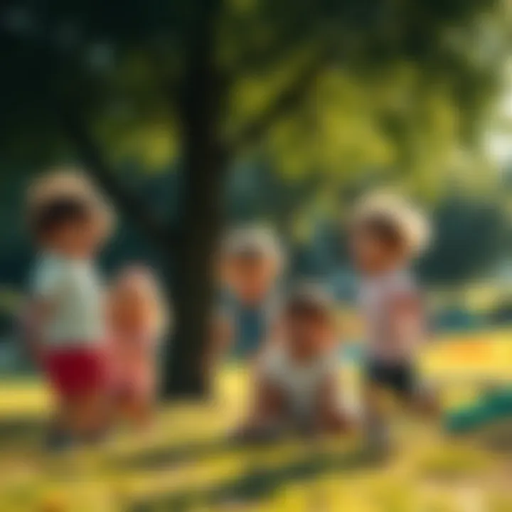 A group of children playing and laughing in a sunny park, surrounded by trees and toys.