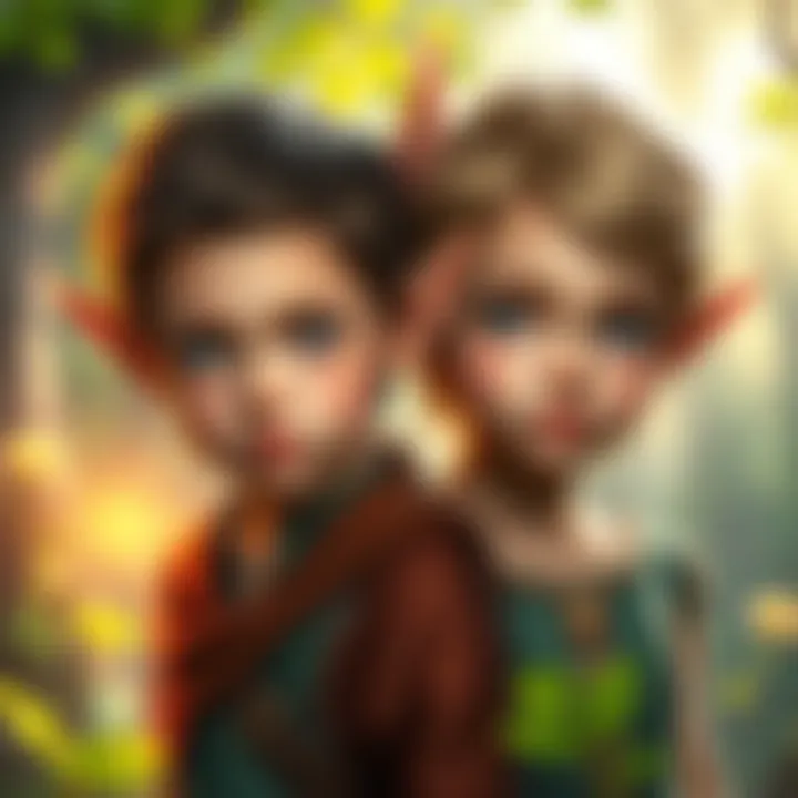 Two children with pointed ears and bright eyes, standing in a magical setting in Clover Kingdom, hinting at their elf heritage