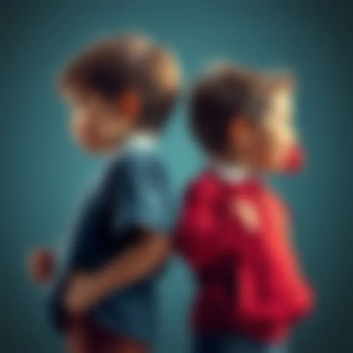 Two children standing apart, showing mixed emotions of competition and friendship, representing childhood rivalry.