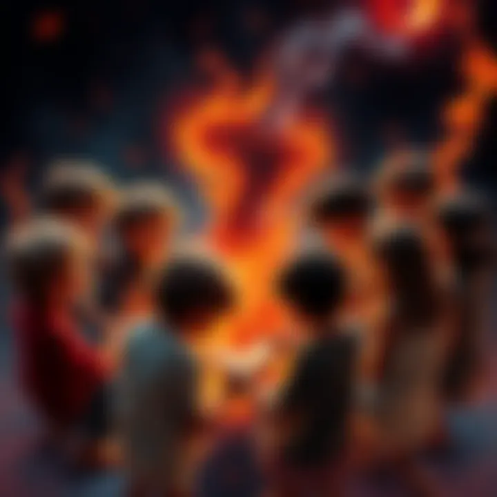 A group of children sharing stories in a circle, representing their chaotic memories and experiences.