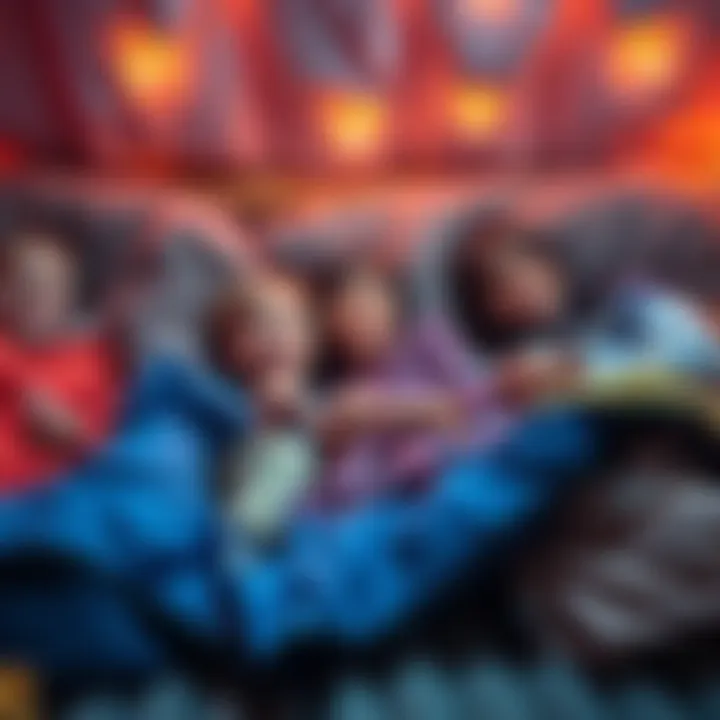 A group of children enjoying a sleepover with sleeping bags and snacks, laughing and playing games together