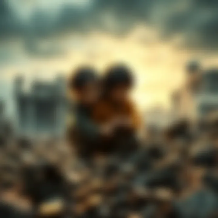 Children in a War-Torn Setting Two young children searching for food among ruins, portraying loss and resilience during wartime.
