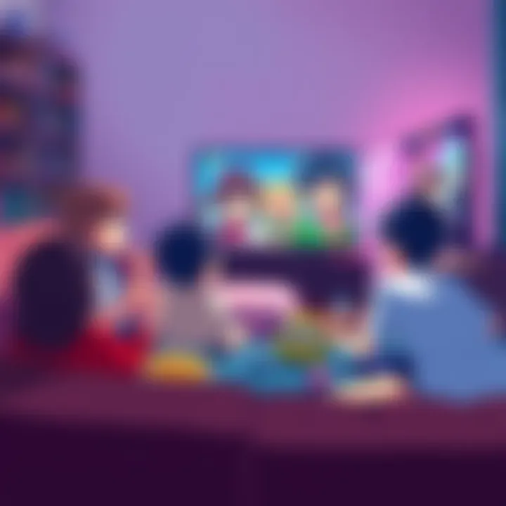 A group of kids sitting on a couch, excitedly watching colorful anime on a TV, surrounded by snacks and toys