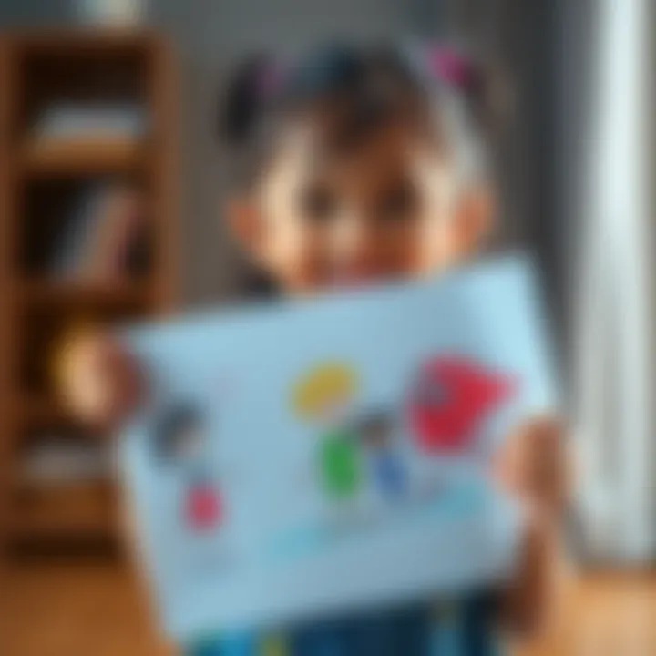A six-year-old girl holding a colorful drawing of characters inspired by a show, smiling proudly.