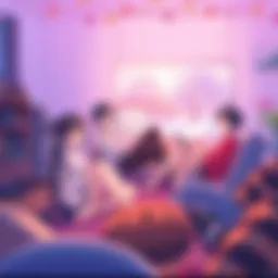 A group of anime characters relaxing in a cozy setting, enjoying their time together while watching a show, with soft colors and a serene atmosphere.