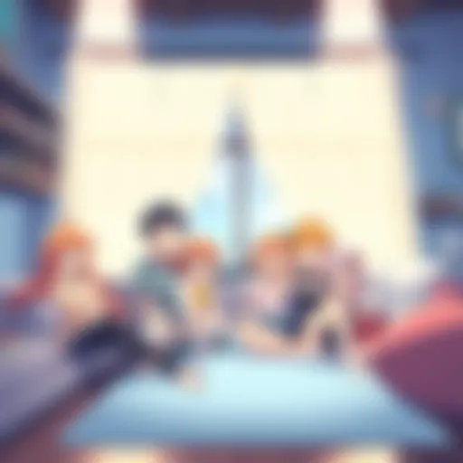 A group of cheerful anime characters relaxing together, surrounded by bright colors and a cozy atmosphere, perfect for a lighthearted experience.