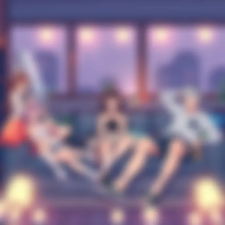 A group of calm anime characters lounging together in a cozy setting, enjoying a peaceful moment without drama or conflict.