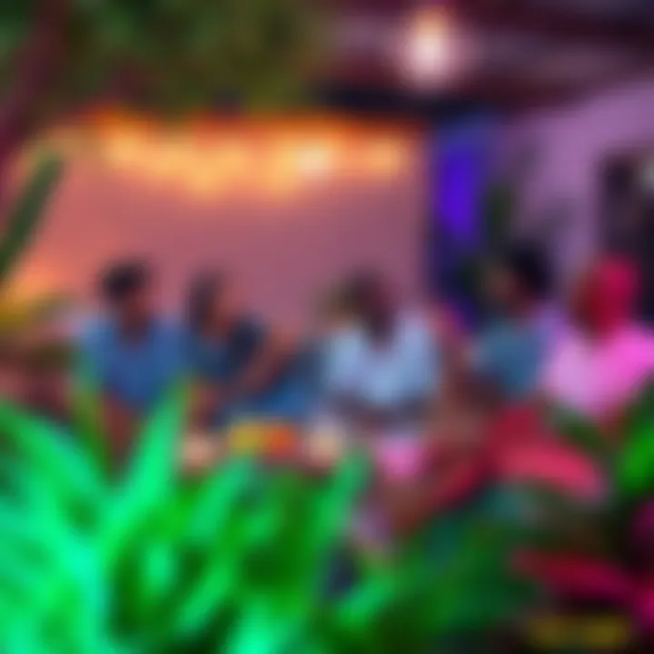 A diverse group of people relaxing together in a peaceful outdoor setting, enjoying each other's company, surrounded by soft lights and plants.