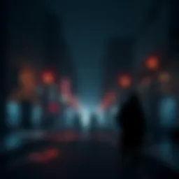 A dark city street at night with shadowy figures and flickering streetlights, evoking a sense of fear and intrigue.