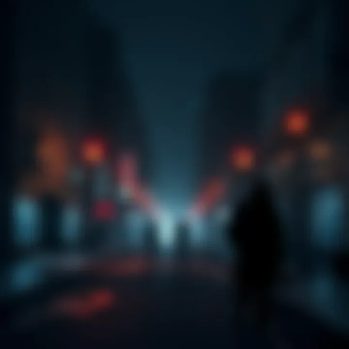 A dark city street at night with shadowy figures and flickering streetlights, evoking a sense of fear and intrigue.