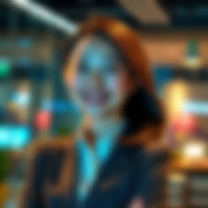 Chinatsu Kano smiling confidently in her new work environment, dressed in professional attire, showcasing her excitement for the new job opportunity.