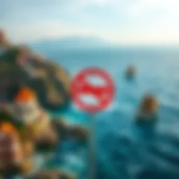 Chinese coastline with a blocked sign A coastal scene in China with a sign indicating restricted access to marine content, depicting censorship