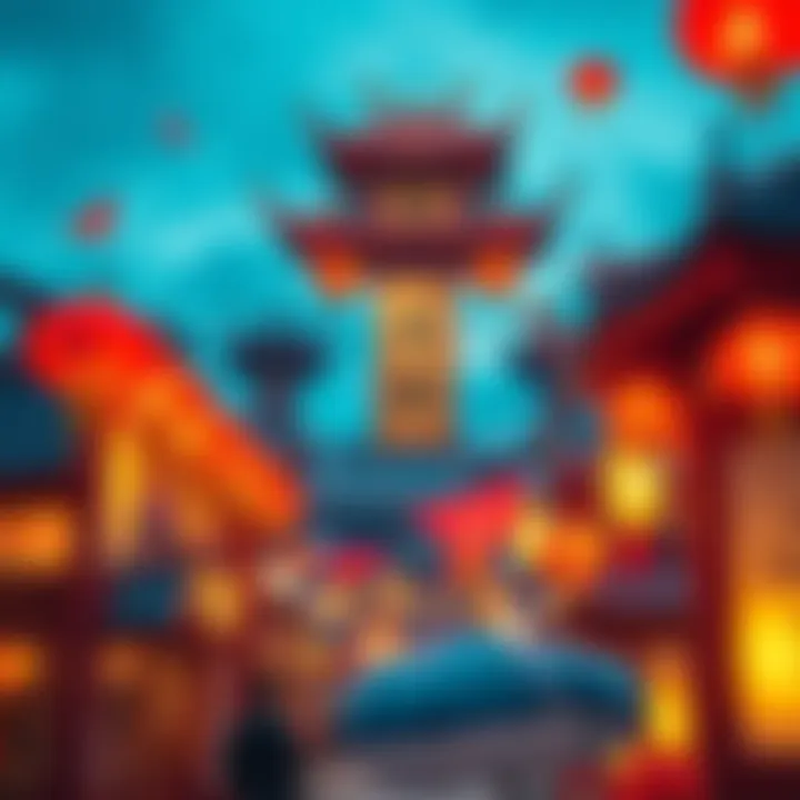 Chinese cultural elements A vibrant scene showing traditional Chinese symbols like lanterns and calligraphy, representing modern Chinese culture