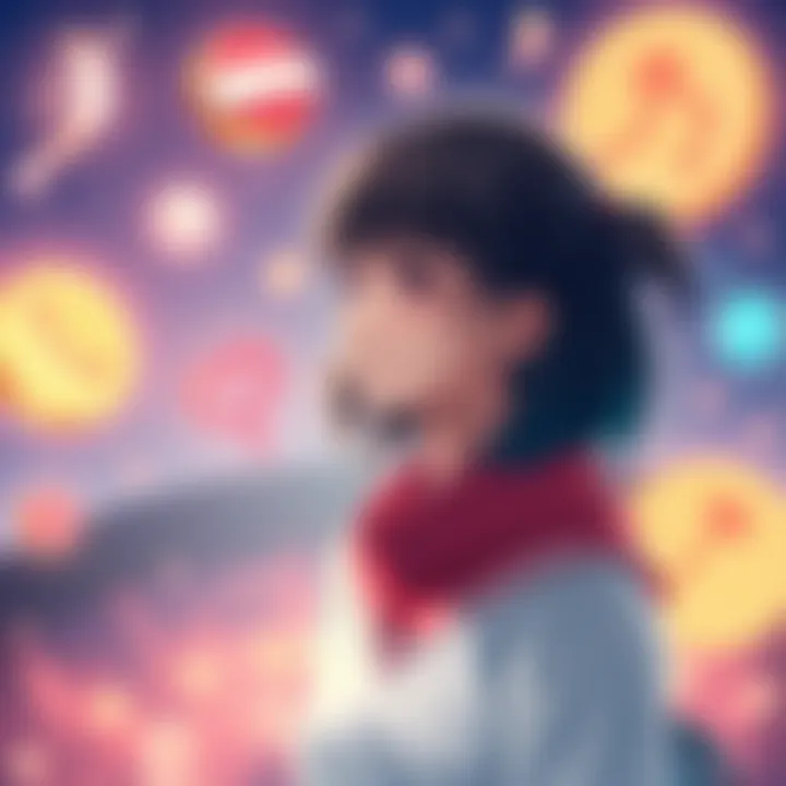 Chisato from Lycoris Recoil looks thoughtful, surrounded by symbols of different talents like sports and art, questioning her path