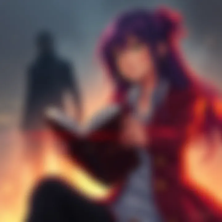 An illustration showing Tamsy scheming with dark intentions while holding a book from the Watchman series, with a shadowy figure of Regto in the background, hinting at assassination motives.