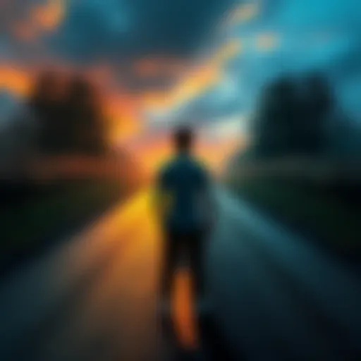 A person standing at a fork in the road, contemplating different paths ahead, symbolizing decision-making
