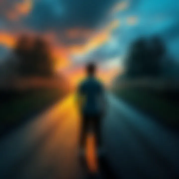 A person standing at a fork in the road, contemplating different paths ahead, symbolizing decision-making