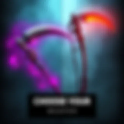 A scythe and a bow displayed side by side, showcasing their unique designs and appeal for combat gear choices.