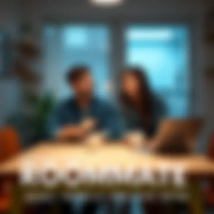 Two young adults discussing potential roommate arrangements at a table with a laptop and coffee cups