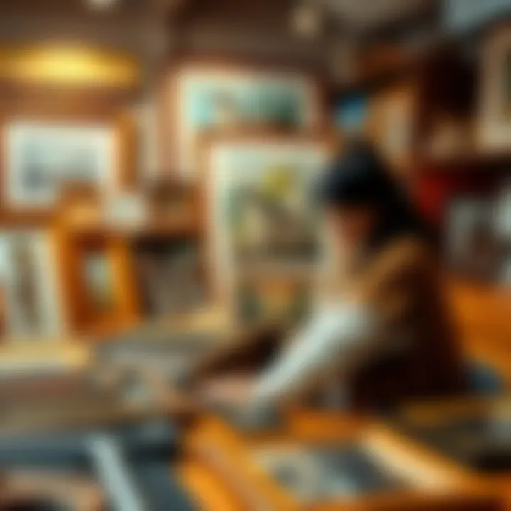 A person selecting different styles of frames for artwork and photos, with various colors and materials displayed on a table.