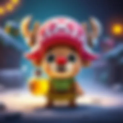 A cartoon character resembling a reindeer with large eyes and a hat, showing excitement over a magical potion that suggests immortality, with sparkles around it.