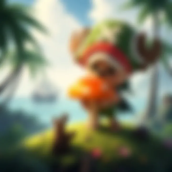 A character named Chopper holding a large, vibrant mushroom on a green island, surrounded by trees and a distant pirate ship in the background.