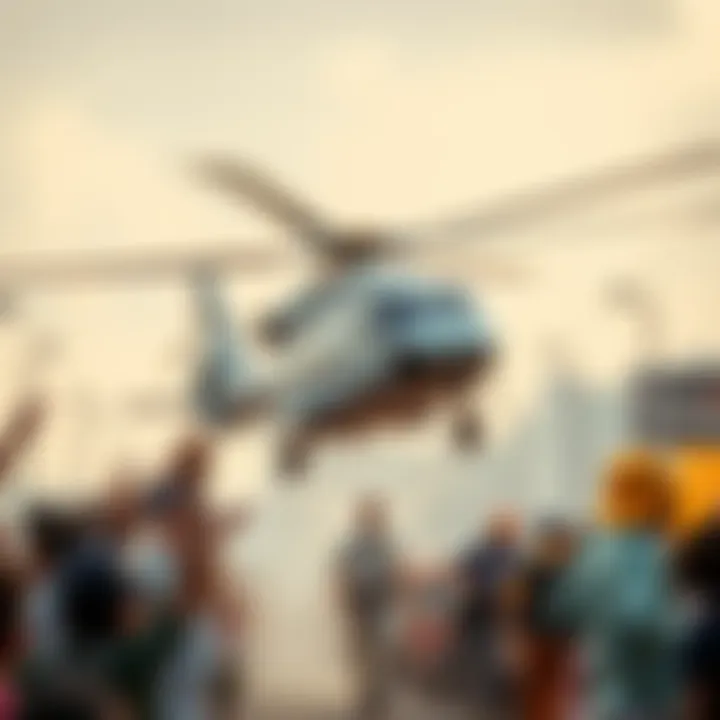 A helicopter dropping off essential supplies to an excited crowd in a local area