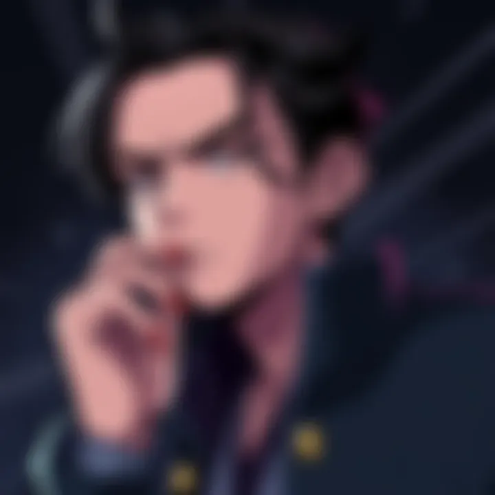 Chrollo considering a plan Chrollo, the leader of the Phantom Troupe, deep in thought about not raiding the Zoldyck mansion, with a serious expression and a dark background