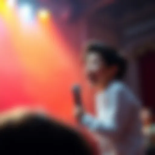 Chrollo performing dramatically on stage, evoking laughter from the audience with a funny delivery, showing his theatre kid energy