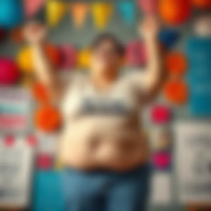 A person with a slightly chubby body smiling confidently, standing with arms raised in a joyful pose, surrounded by colorful decorations and supportive messages about body diversity.