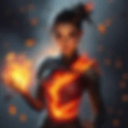 Cinder stands confidently, showcasing her fiery semblance and the glow of her Maiden powers around her.