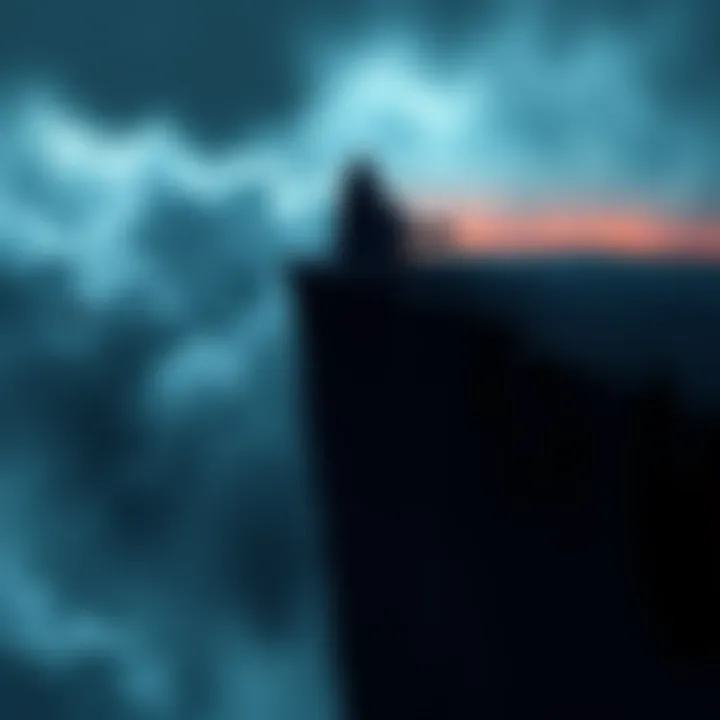 A shadowy figure representing Cinder stands at the edge of a dark cliff, gazing into a stormy abyss, symbolizing her downfall due to her greed for power.