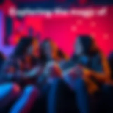 Cinema Lovers Enjoying a Film A group of friends captivated by a romantic movie in a cozy theater setting, sharing popcorn and smiles.