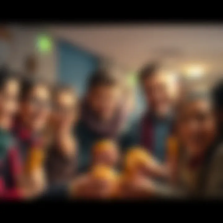 A joyful group of people holding Cinnabuns and sharing smiles in a cozy setting.