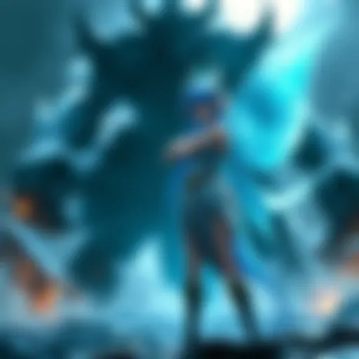 Cirno, a confident fairy, stands ready for battle against a larger, shadowy figure representing the Secret God, with an intense look on her face.